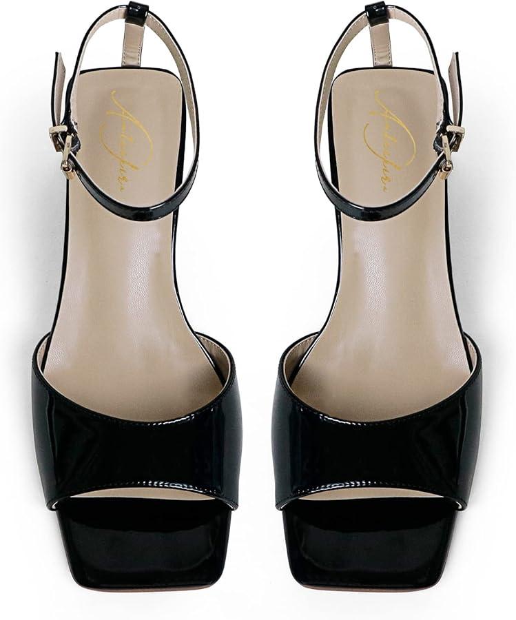 Women Square Toe Sandal Comfortable Open Toe Kitten Heel Ankle Strappy Sandal (9, Black)
