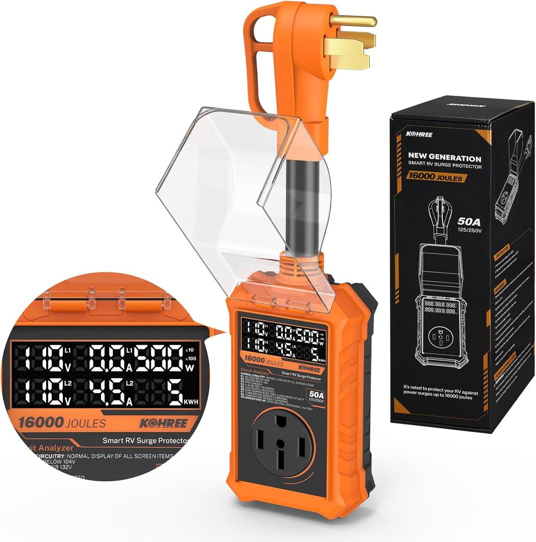 Kohree RV Surge Protector 50 amp with LED Real-time Large Screen Display Voltage Current KWH, 16000 Joules Auto Shut Off, Circuit Analyzer RV Power Surge Protector Waterproof for Camper, Orange