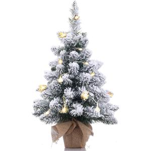Pre-Lit Artificial Mini Christmas Tree,20 Inch Snow Flocked Small Pine Xmas Tree with 40 LED Lights,70 Branch Tips,Battery Operated Tabletop Christmas Tree Burlap Base-(50cm) (1ft 8in, White+green)