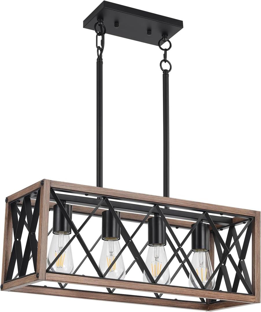 KEESFU 4-Light Dining Room Light Fixture, Farmhouse Kitchen Island Lighting, Adjustable Height Pendant Light, Rustic Linear Chandelier for Kitchen, Dining Room Table, Pool Table. (Wood Grain Color)