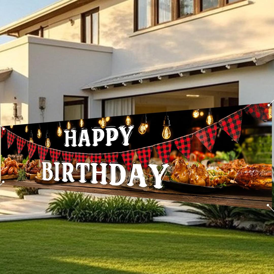 Nuxovilar Happy Birthday Yard Banner - 78.7x17.7 Inch Rustic Red Plaid & String Lights Design, Large Happy Birthday Banner, Outdoor/ Indoor Giant Sign for BBQ - Themed Birthday Decor