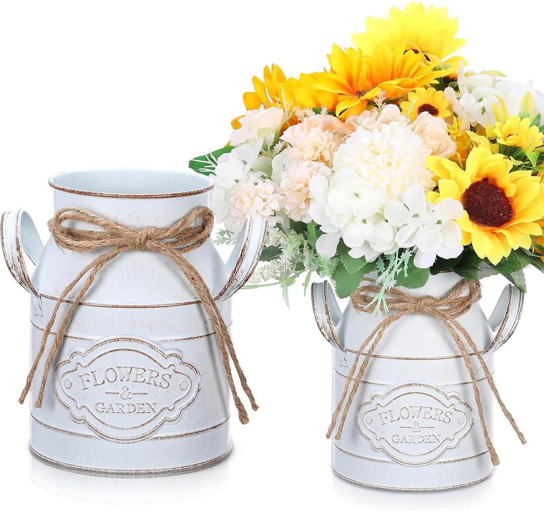 Roshtia 2 Pcs 6 Inch Vintage Galvanized Milk Can Vase Spring Farmhouse Metal Vases Milk Jug Vase Decor with Handle Rustic Flowers Buckets for Weddings Table Centerpiece (Retro White)