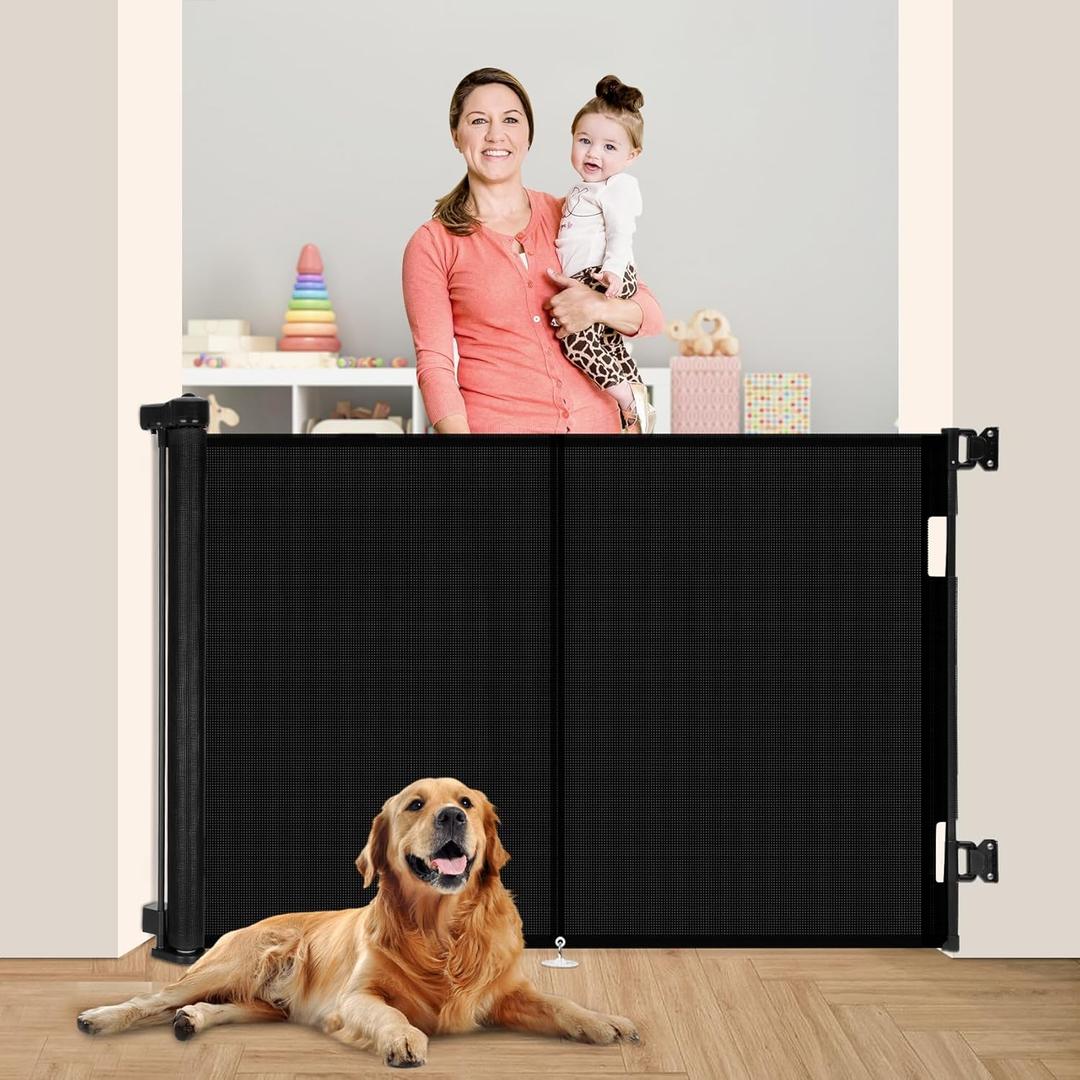59 inch Retractable Baby Gates 42 inch Tall, Retractable Gate with Reinforced Strip Design to Prevent Crawling Through, 5 FT Retractable Dog Gate for Stairs, Doorways, Hallways, Indoor/Outdoor (Black)