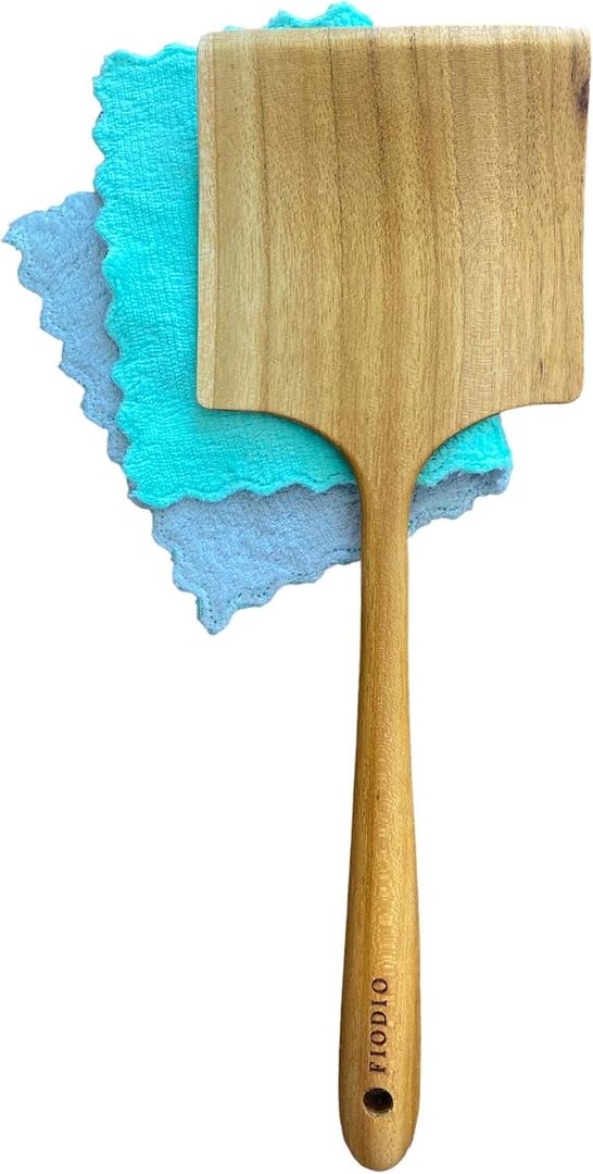 Teak Wide Wooden Spatula with Microfiber Cloth - Natural Non-Stick Healthy Kitchen Utensils - Handcrafted with Comfort Grip