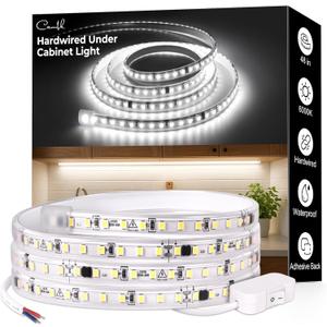 cambk 48inch Hardwired Under Cabinet Lighting for Kitchen,120V Wired Undercounter Led Strip Lights 6000K White Waterproof, Luces para Cocina Bajo Gabinete Under Shelf Lights for Sink/Workbench