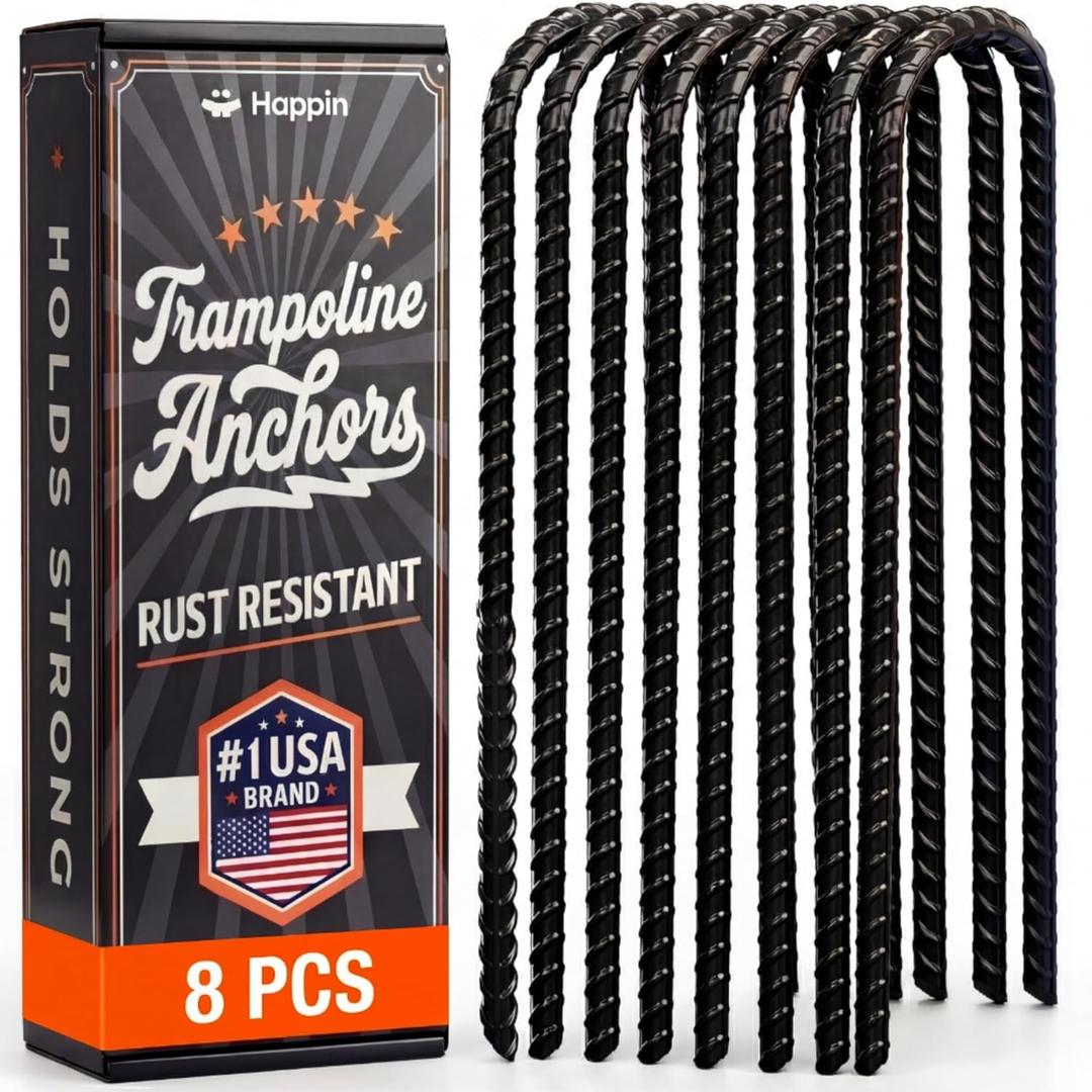 Happin 12 Inch Trampoline Anchors, Trampoline Stakes, Ground Stakes Heavy Duty, Ground Anchors Screw in, Trampolines Accessories, Tent Anchors, Yard Spikes, Galvanized Steel (8 Pack, Black)