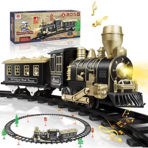 Electric Train Set, Ages 4-8 Christmas Train with Locomotive, Passenger Car, 6 Curves, LED Light & Sound Indoor Toy for Kids, for Holiday Village or Train Table
