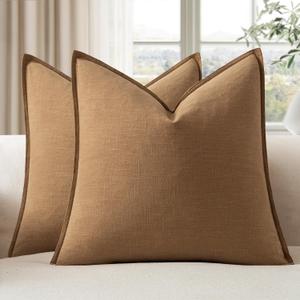 EMEMA Decorative Linen Throw Pillow Covers 24x24 Inch Brown Boho Farmhouse Neutral Couch Throw Pillows for Bed Pack of 2 Accent Pillowcase Modern Sofa Cushion Livingroom Home