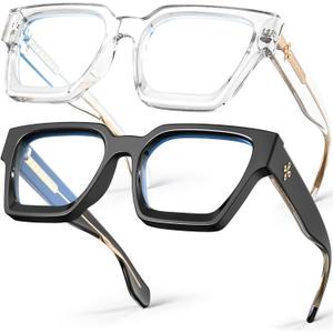 VISOONE 2 Pack Blue Light Blocking Glasses Rectangle Frame and Chic Preppy Look for Women Men RIVER (Black+clear)