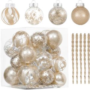 XmasExp 32ct Christmas Ball Ornaments Set -Champagne Clear Plastic Shatterproof Xmas Tree Ball Decorations Hanging Baubles for Holiday Decor (Various Size)