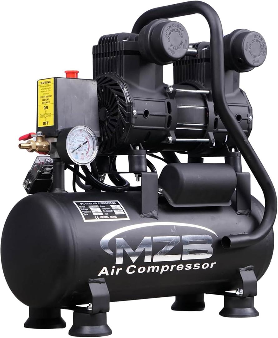 MZB 2.4 Gallon Ultra Quiet Air Compressor 110V/60Hz 1.2HP 5.65CFM, MAX 115PSI Steel Tanks Oil-Free 70dB Noise Level Air Compressor with Wheels for Spray Painting, Auto Repair, Carpentry Decoration