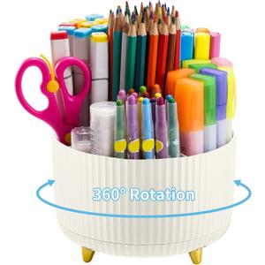Marbrasse Desk Organizer, 360-Degree Rotating Pen Holder, 5-Compartment Pencil Organizer, Art Supply Storage Box Caddy for Office and Home (Ivory)