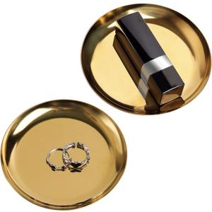 2 Pack Gold Tray 4 inch Stainless Steel Small Golden Decorative Jewelry Gold Dishes Small Round Tray Candle Plate