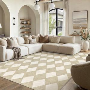 8x10 Checkered Area Rugs for Living Room Beige Machine Washable Large Rug Non-Slip Stain Resistant Low Pile Boho Accent Indoor Throw Carpet for Bedroom Dining Room Home Aesthetic Decor