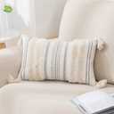 decorUhome Decorative Boho Throw Pillow Cover 12"x20", Lumbar Accent Neutral Textured Tufted Pillow Cover Striped for Couch Bed Sofa, Beige and Cream White, Pack of 1