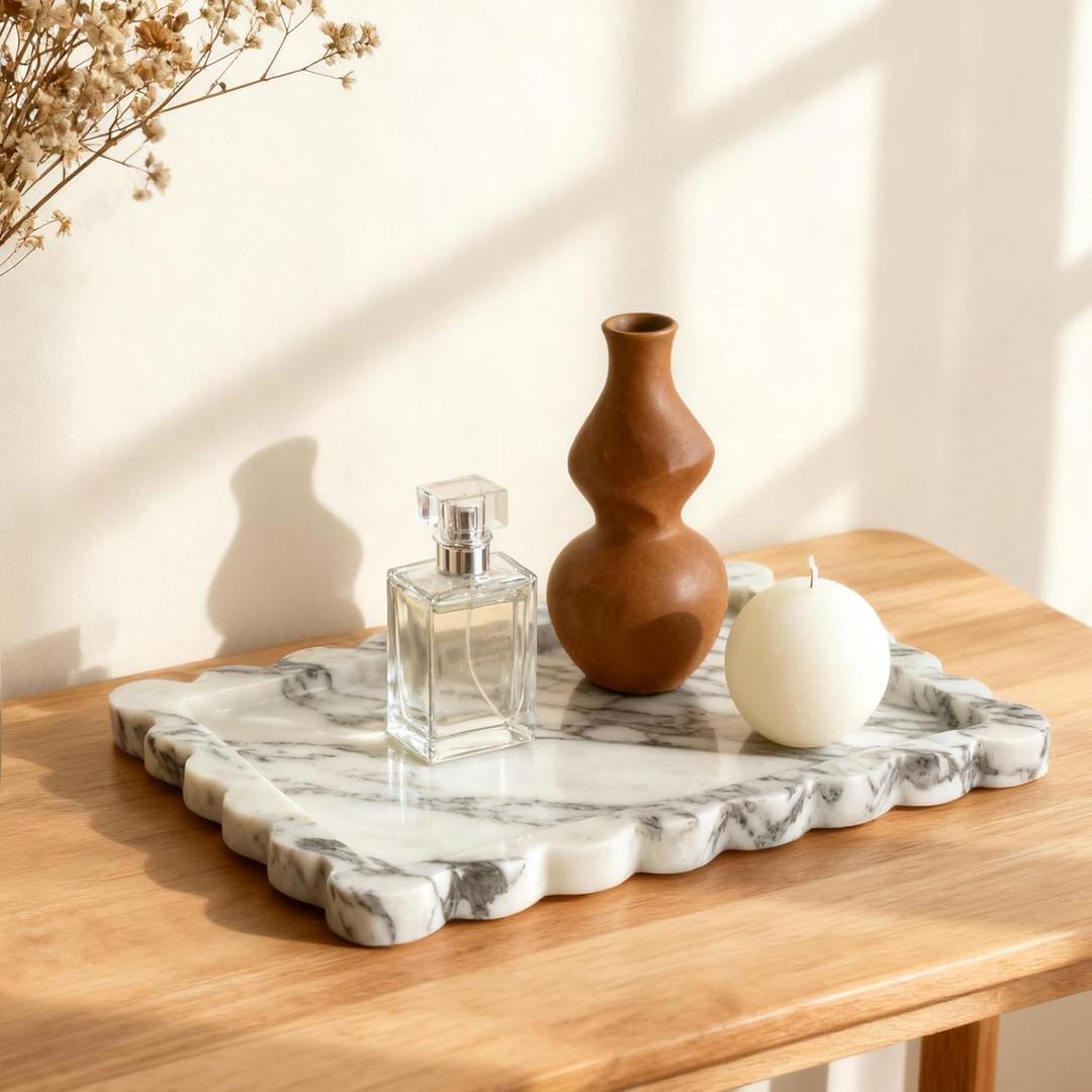 Genuine Scalloped Marble Tray, Real Natural Marble Stone Tray, Luxury Decorative Trays for Bathroom, Dresser, Vanity, Kitchen, Home Decor, 10.6" x 8", Calacatta Gray