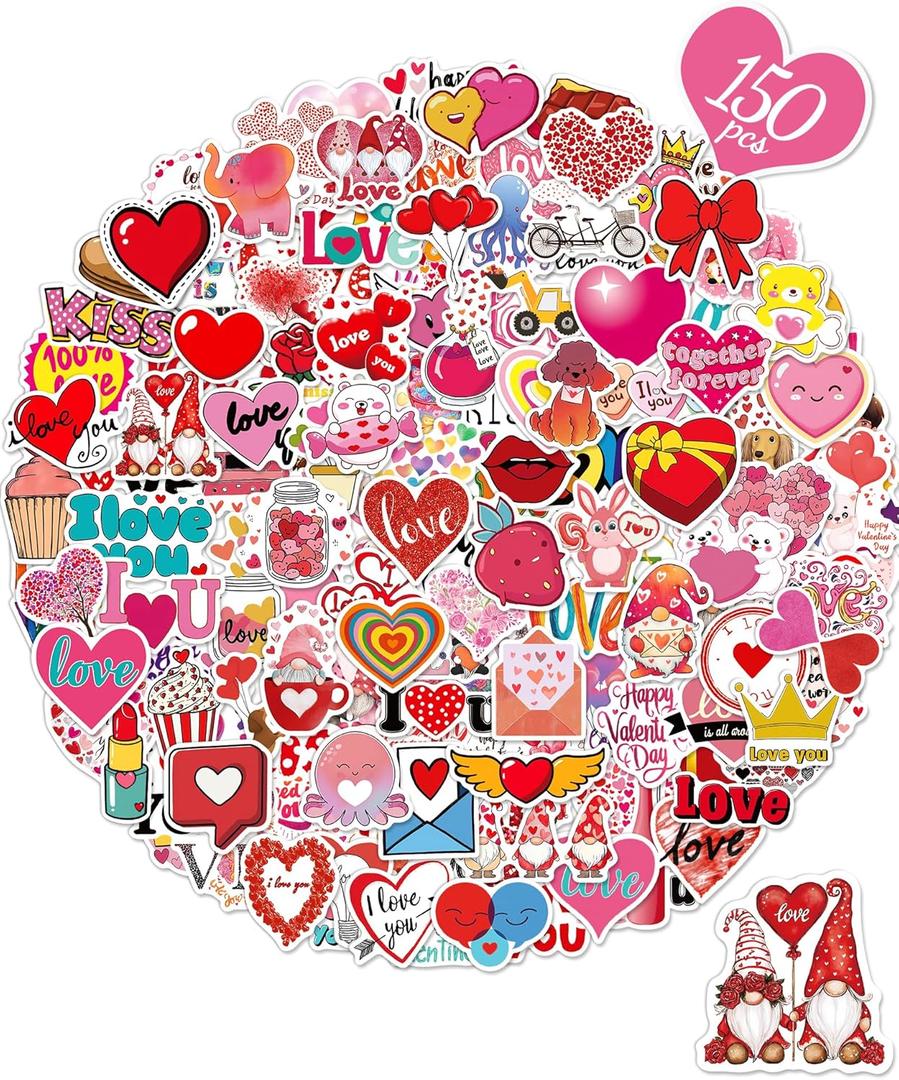 Valentines Day Stickers, Heart Stickers for Water Bottles Cards Gift Boxes Party Favors, Valentines Gifts for Kids Classroom, Waterproof Vinyl Love Sticker for Kids Teens Girls