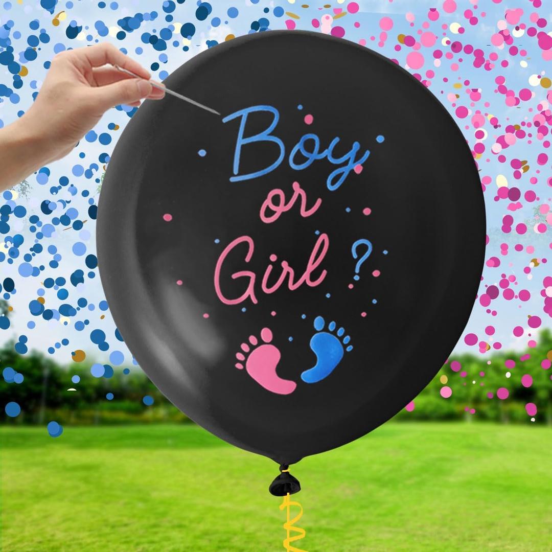 Gender Reveal Balloon Pop Ideas, 2pcs 36" Jumbo Black Baby Boy or Girl Balloons, with Blue Pink Confetti for Revelacion de Sexo de Bebe