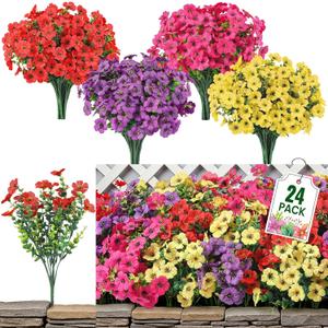 24 Bundles Artificial Flowers for Outdoor Indoor Garden Home Decoration, Look Real for Front Door Porch Patio Yard Balcony, Faux Flower Daisy with Eucalyptus Leaves Fake Plants, 4 Colors