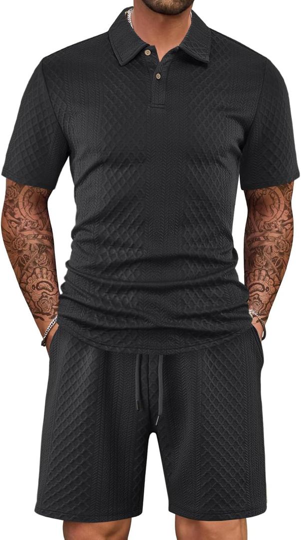 Mens 2 Piece Outfits Polo Shirt and Shorts Set Short Sleeve Tracksuits Casual Athletic Jogging Summer Outfits (Large, Black)