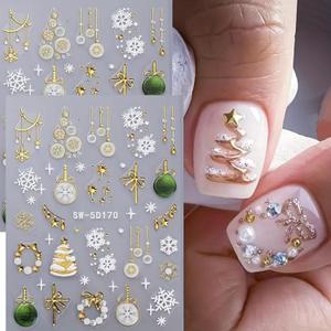 2 x 5D Embossed Christmas Nail Art Stickers 2 Sheets Self Adhesive Christmas Snowflake Nail Decals Gold Xmas Tree Lamp Ball Christmas Nail Art Supplies for Women Girls Christmas Nail Decorations