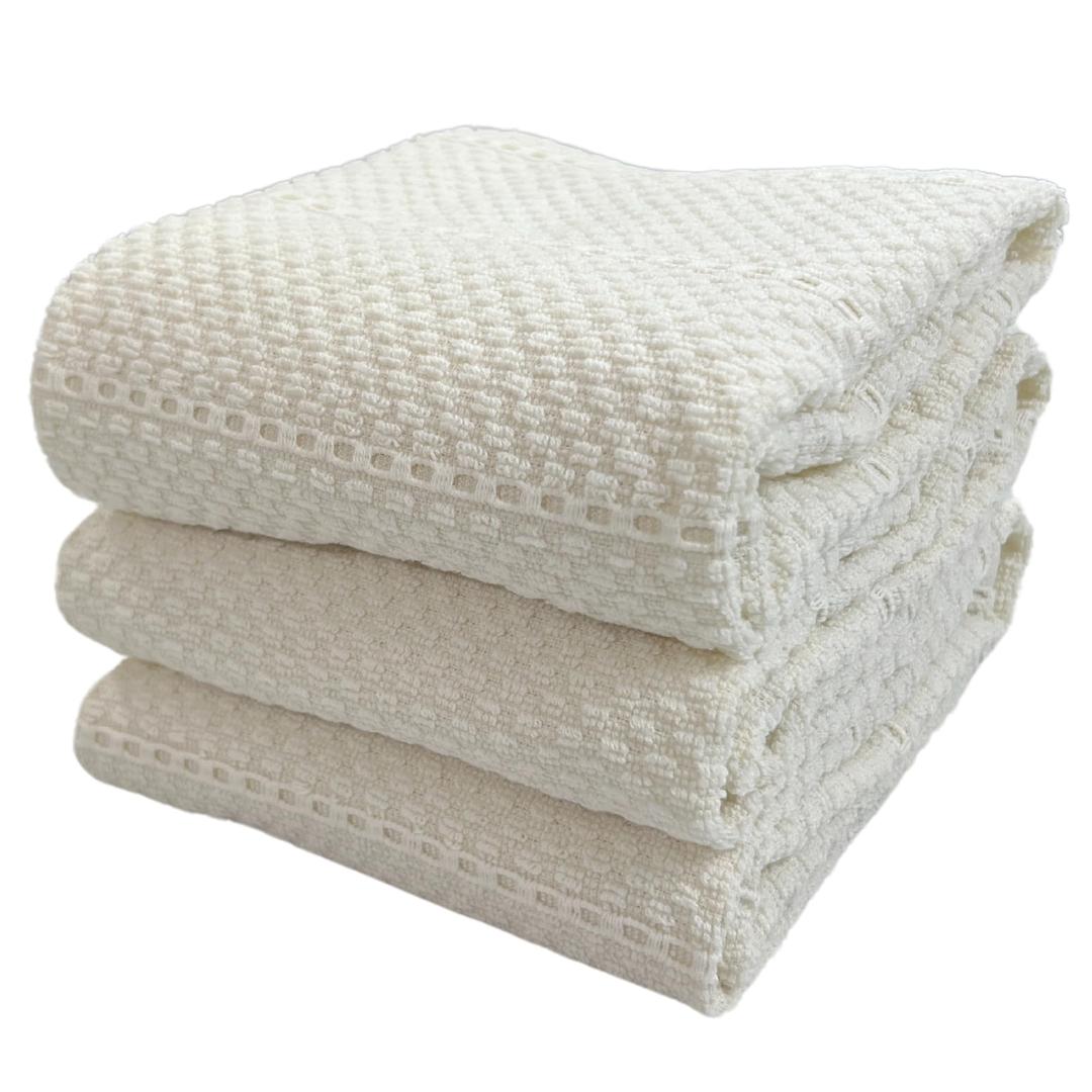 Off White Ivory Cream Kitchen Hand Dish Towels: Oversized 28" x 18",100% Cotton Cloth Soft Cleaning Drying Absorbent Textured Design, Set of 3 Multipurpose for Everyday Use (Creme Textured)