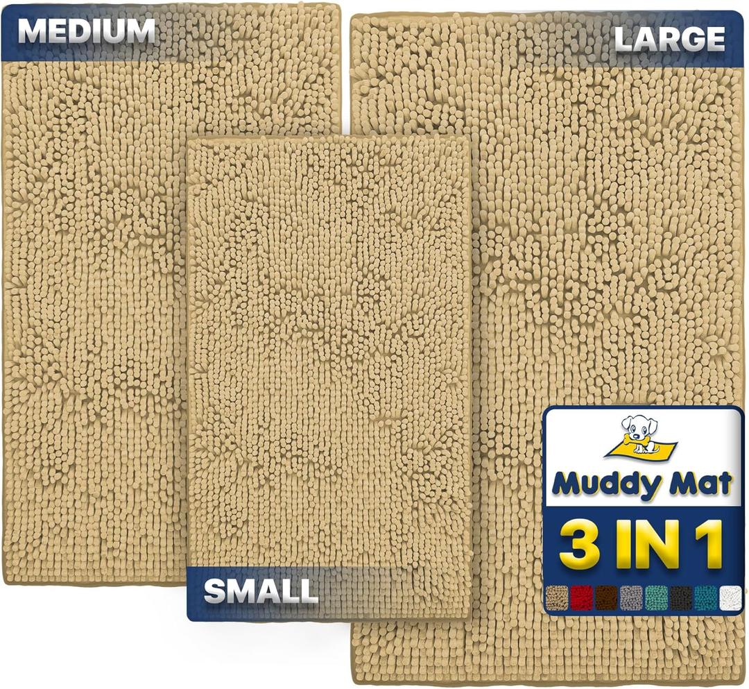 Muddy Mat Pack of 3 Highly Absorbent Microfiber Dog Door Mat and Pet Rug, Non Slip Thick Washable Area Mat Soft Chenille for Kitchen Bathroom Bedroom and Outdoor - Beige Small, Medium & Large