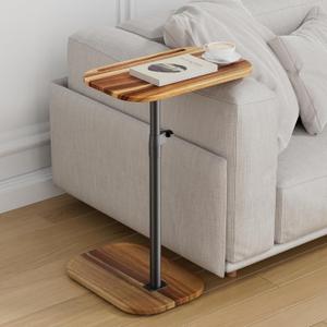 ZUJJAFY Tv Tray Table Adjustable Height C Shaped End Table for Couch, Swivel Side Table for Drinks, Snacks and Small Space, Acacia Wood Couch Arm Table Tray for Sofa, Bed or Chair