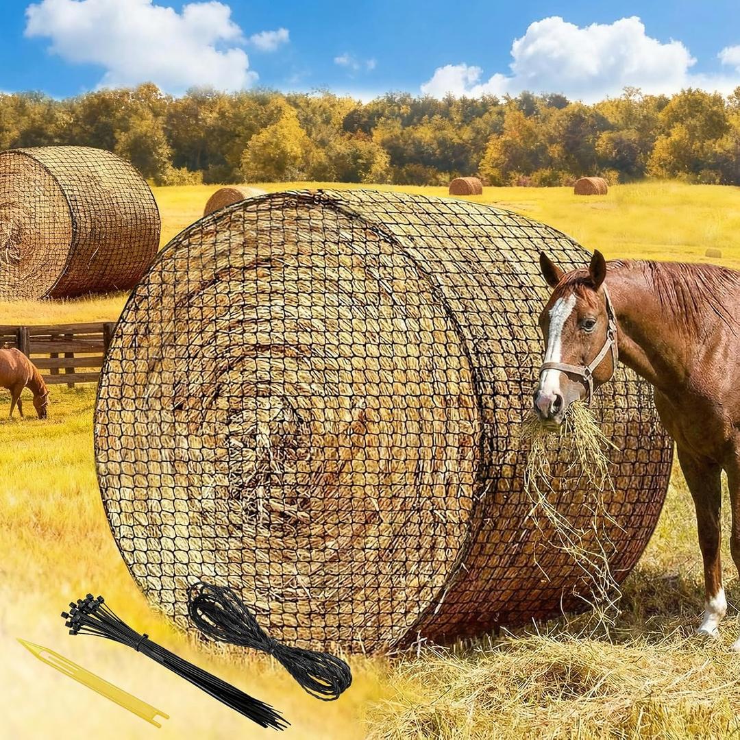 5x5 FT Round Bale Hay Net for Horses and Goats, Knotless Slow Feed Hay Net with 2 Inch Holes, Heavy Duty Hay Feeder Net Fits 4x5 and 5x5 Round Bales
