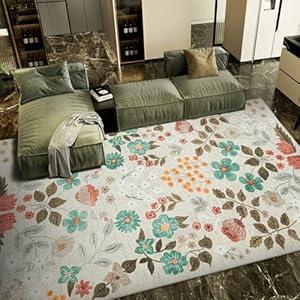 YIHOUSE Floral Beige 8x10 Washable Rug for Living Room, Non Slip Soft Bedroom Rug, Ultra Thin Large Colorful Flower Carpet for Dining Room Nursery Home Office Beige, 8'x10'