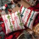 Coquette Pink and Green Christmas Bows Pillow Covers 18x18 Set of 2, Preppy Christmas Decor, Girly Pink Red and Green Xmas Ribbon Decorative Throw Pillow Covers for Girls Room Dorm Home