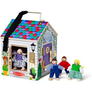 Melissa & Doug Take-Along Wooden Doorbell Dollhouse - Doorbell Sounds, Keys, 4 Poseable Wooden Dolls Portable Doll House, Doorbell House for Kids Ages 3+