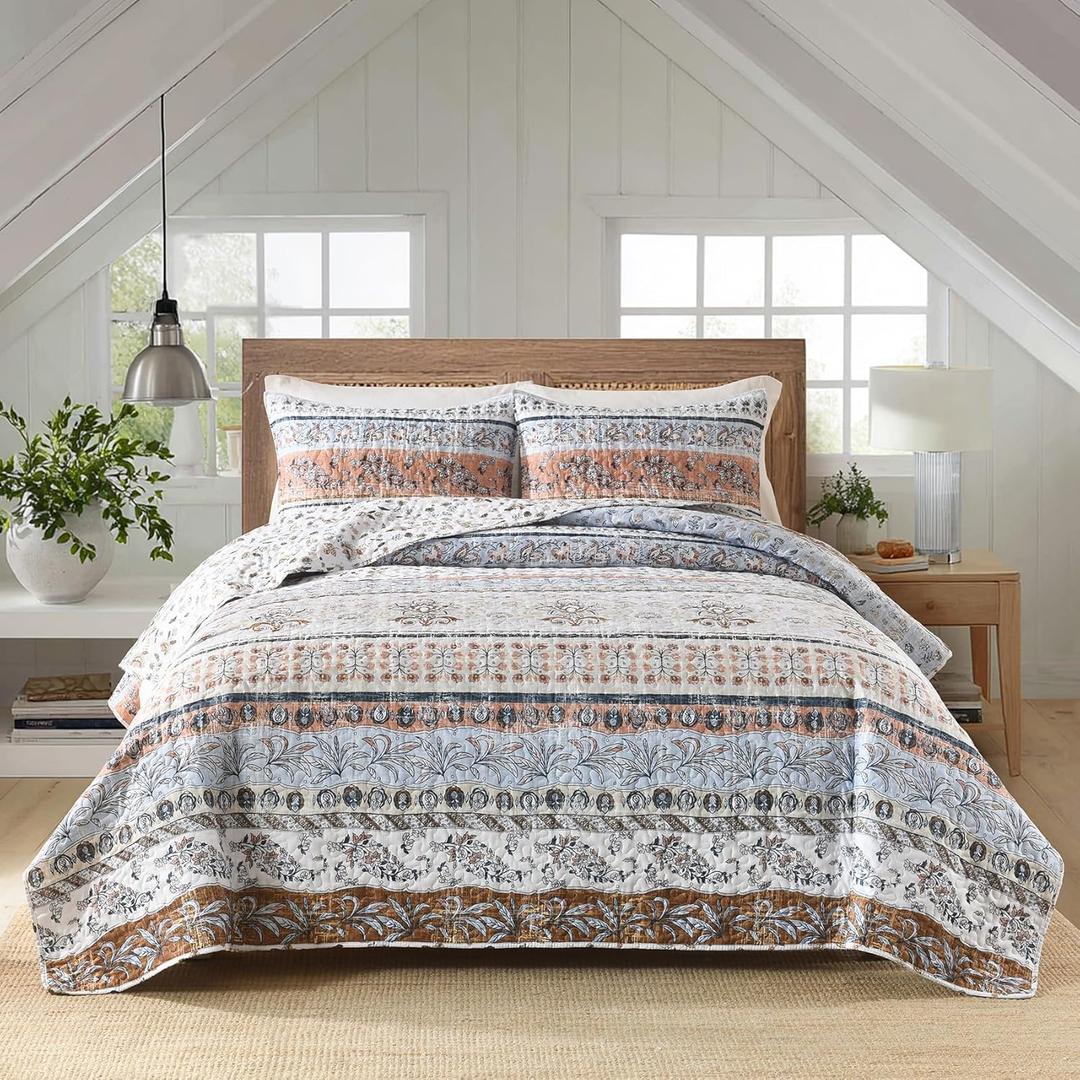 Boho Style Twin Size Quilt Set Mocha Brown Bohemian Floral Strip Quilt Beddding Set, Soft and Lightweight Bedspread for All Season,XL Twin Bed Coverlet with 1 Matching Pillow Sham (2 Pieces)