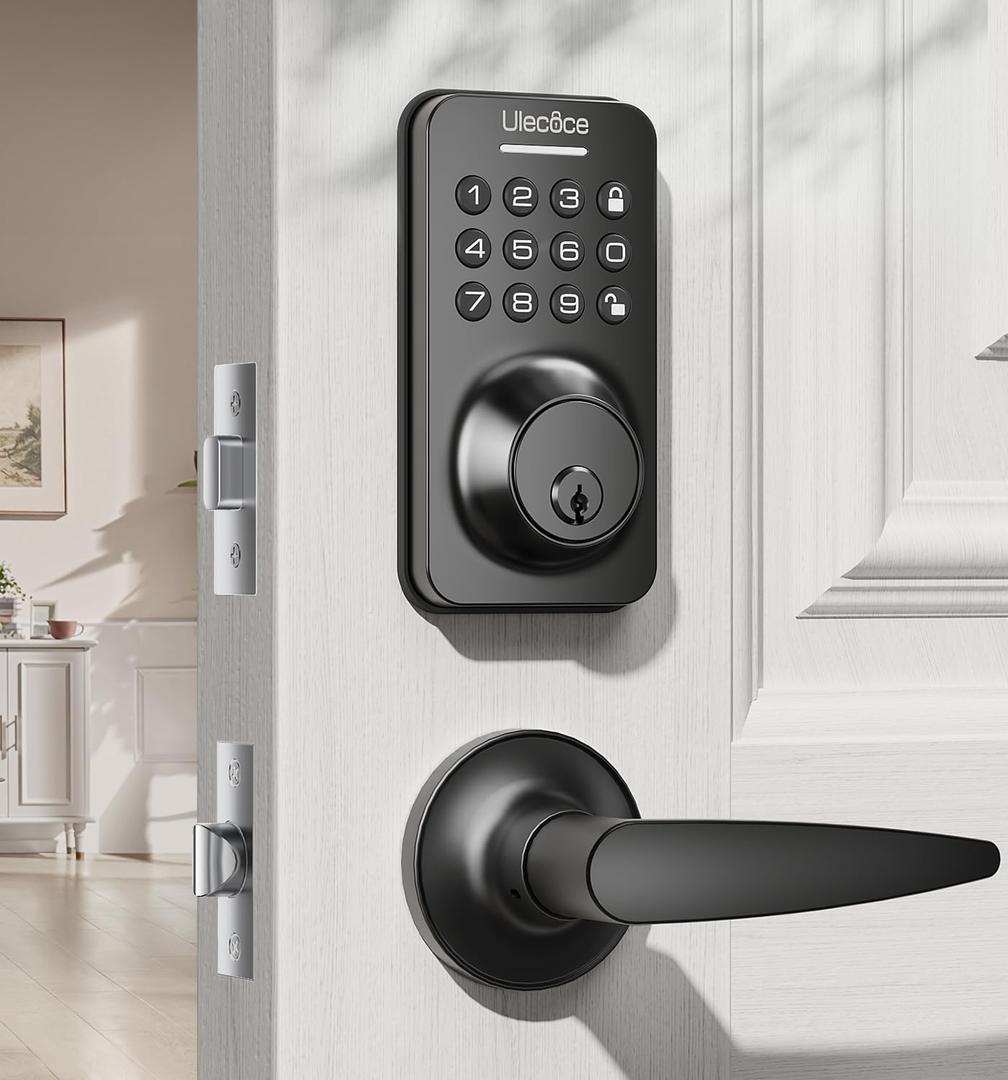 Ulecoce Keyless Entry Keypad Deadbolt with Handle Set, Smart Lock, Auto-Lock + One-Touch Lock, 100 Codes + 15-Min Easy Install, Ideal for Airbnb/Homes/Offices, Fits U.S. Standard Front Doors, Black