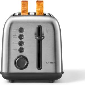 BUYDEEM DT620 2-Slice Toaster, Extra Wide Slots, Retro Stainless Steel with High Lift Lever, Bagel and Muffin Function, Removal Crumb Tray, 7-Shade Settings,Stainless Steel