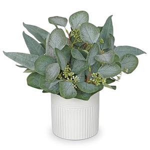 Artificial Plants Indoor with Pot, 11.8" Faux Eucalyptus Stems in Ceramic Vase for Table, Desk, Shelf, Small Fake Potted Plants Eucalyptus Leaves for Centerpieces, Living Room, Bathroom, Bedroom