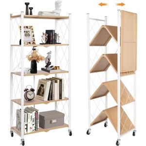 5-Tier Foldable Storage Shelves with Wheels, Folding Metal Shelf Unit, Folding Bookshelf no Assembly, Collapsible Shelves for Craft Shows for Kitchen, Bedroom, Living Room, Natural