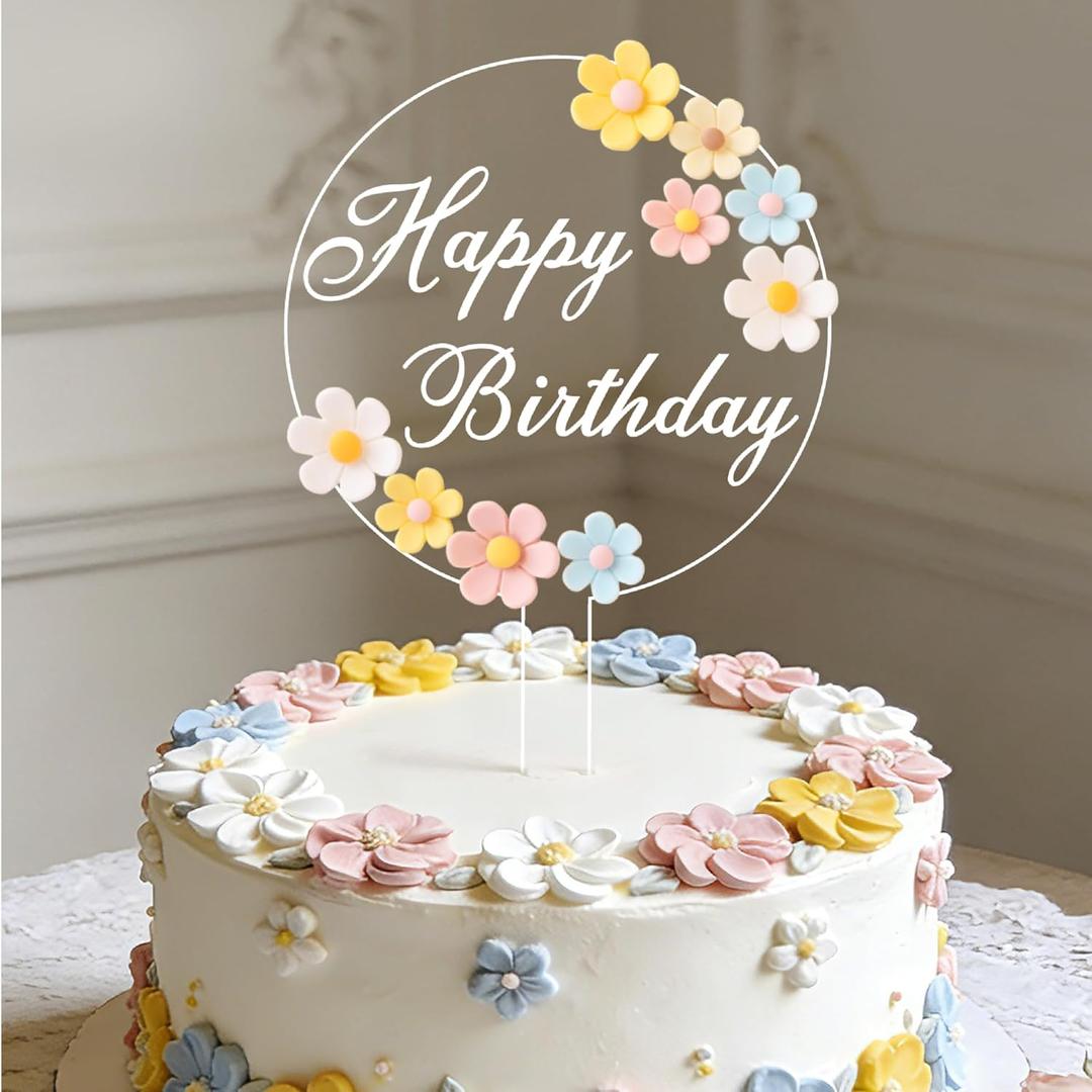 Coucoland Birthday Cake Toppers - 3D Vintage Daisy Flower Acrylic Cake Decorations for Birthday Wedding Baby Shower Supplies