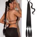Long Braid Ponytail Extension with Hair Tie DIY Wrap Around Synthetic Hairpiece Natural Soft Fluffy Style for Womens Daily Wear (34 Inch Brown Black)