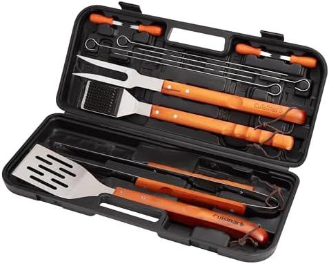 Cuisinart 13-Piece Wooden Grill Tool Set, BBQ Accessories and Grill Tools, Durable Stainless-Steel Utensils with Recycled Plastic Case, Spatula, Tongs, Cleaning Brush & More, Grilling Gifts for Men