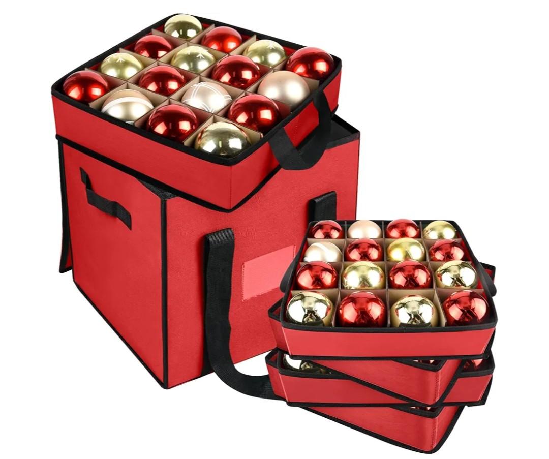Jieting Christmas Ornament Storage Box with Dividers, 64-Ball Xmas Storage Container, 600D Oxford Christmas Balls Storage Containers with Zipper & Two Handles（Red）