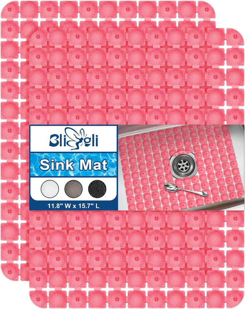 Bligli PVC Sink Protectors, 2 Pack, 15.7x11.8 inches for Stainless/Ceramic Sinks, Drain Mats, Red