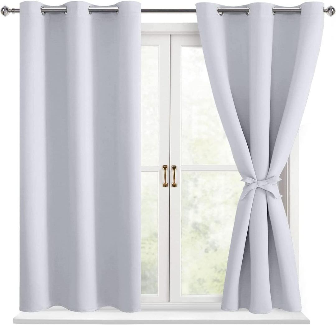 Blackout Curtains for Bedroom - Thermal Insulated & Energy Saving Window Curtains for Living Room, 2 Drape Panels Sewn with Tiebacks, Greyish White, 38 x 54 Inch