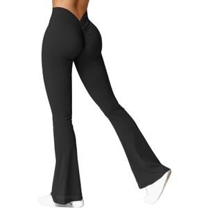 YEOREO Scrunch Flare Leggings V Back Butt Lifting Wide Leg High Waist 31.5" Gym Workout Yoga Pants (Medium, Black)