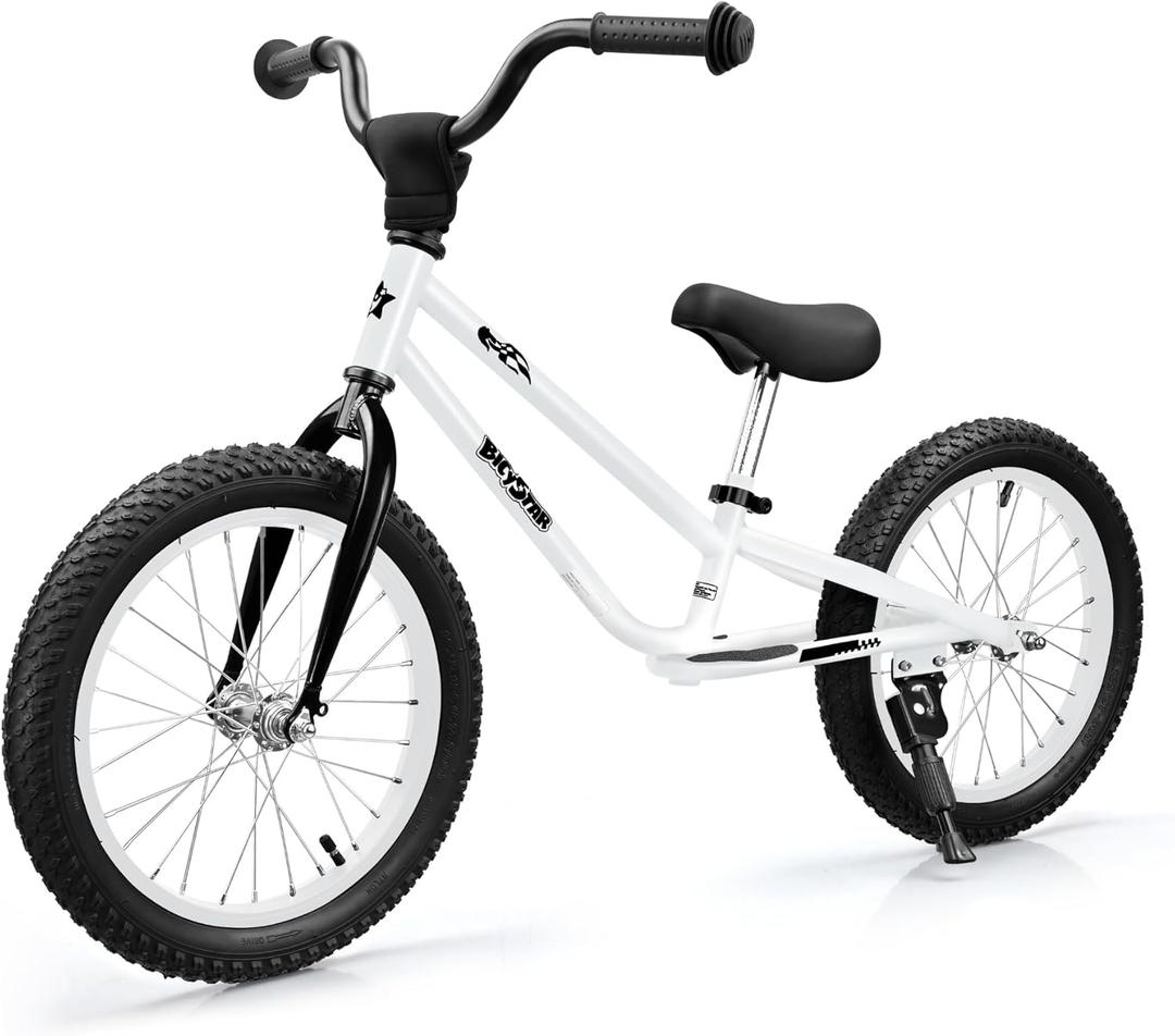 bicystar Kids Balance Bike with Real Rubber Air Tires - 16 Inch Big Kid Bicycle Ages 5-8, Adjustable Seat & Handlebars, Lightweight No Pedal Training Bike (White)