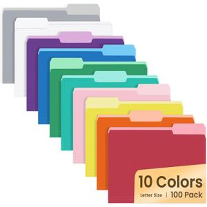 SUNEE File Folders Letter Size 10 Assorted Colors, 100 Pack Folders for Documents 1/3-Cut Tabs, Colored File Folders Office Home School for Documents Files Paper