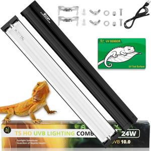 T5 UVB Reptile Light Fixture Combo Kit 24W: 10.0 UVB Light for Reptiles Terrarium Hood Comes with Ho UVB Lamp, 22'' Linear UVB Light Bar for Desert Bearded Dragon,Turtle,Gecko - UV Sensor Test Card