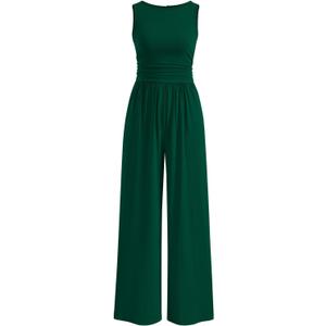 PRETTYGARDEN One Piece Jumpsuits for Women Dressy Casual Sleeveless Crewneck Wide Leg Rompers Jumpers 2026 Vacation Summer Outfits(Dark Green, M)