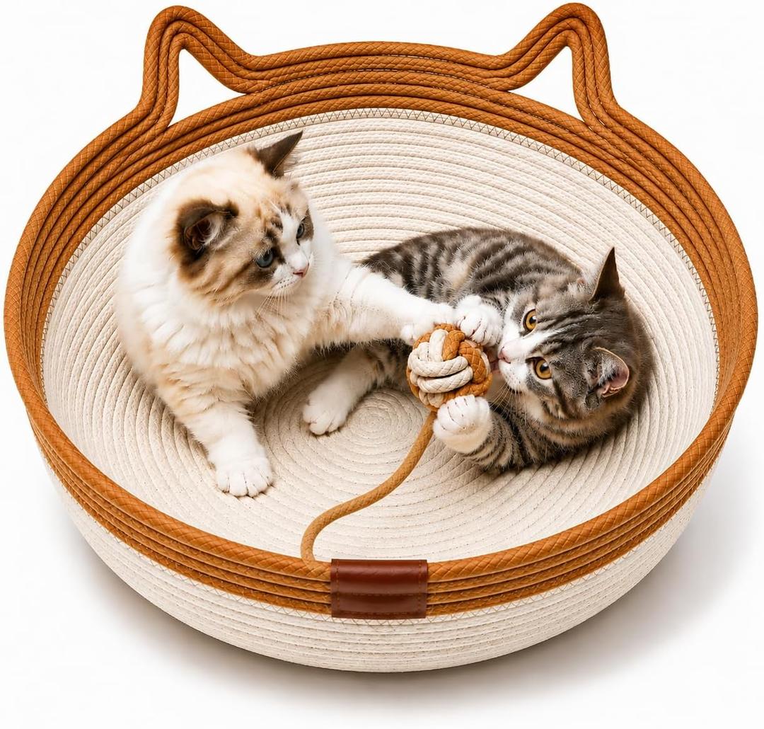 Large Stimulicat Handwoven Cat Basket, Natural Cotton Rope Cat Bed with Hanging Toy Ball, Scratchable & Breathable Cat Basket for Indoor Cats, Foldable Cozy Cat Nest, Interactive Cat Scratcher Bed