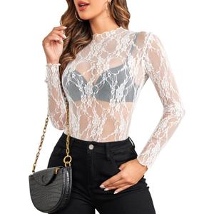 Avidlove Women's Mesh Top Long Sleeve Mock Neck Sheer Blouse See Through Floral Lace Tops (X-Large, White)